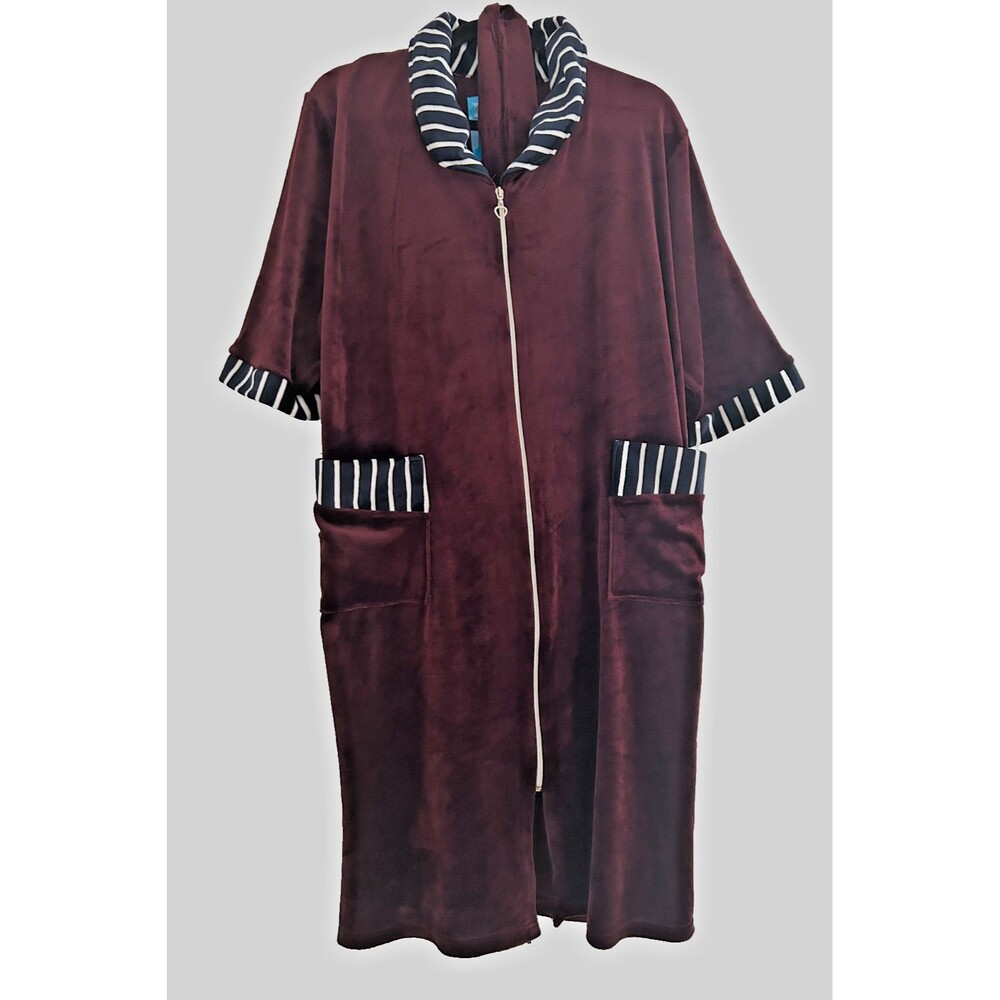 Womens 2XL Burgundy Purple Soft Velour Zip Front Robe Midi HouseDress 3/4 Sleeve